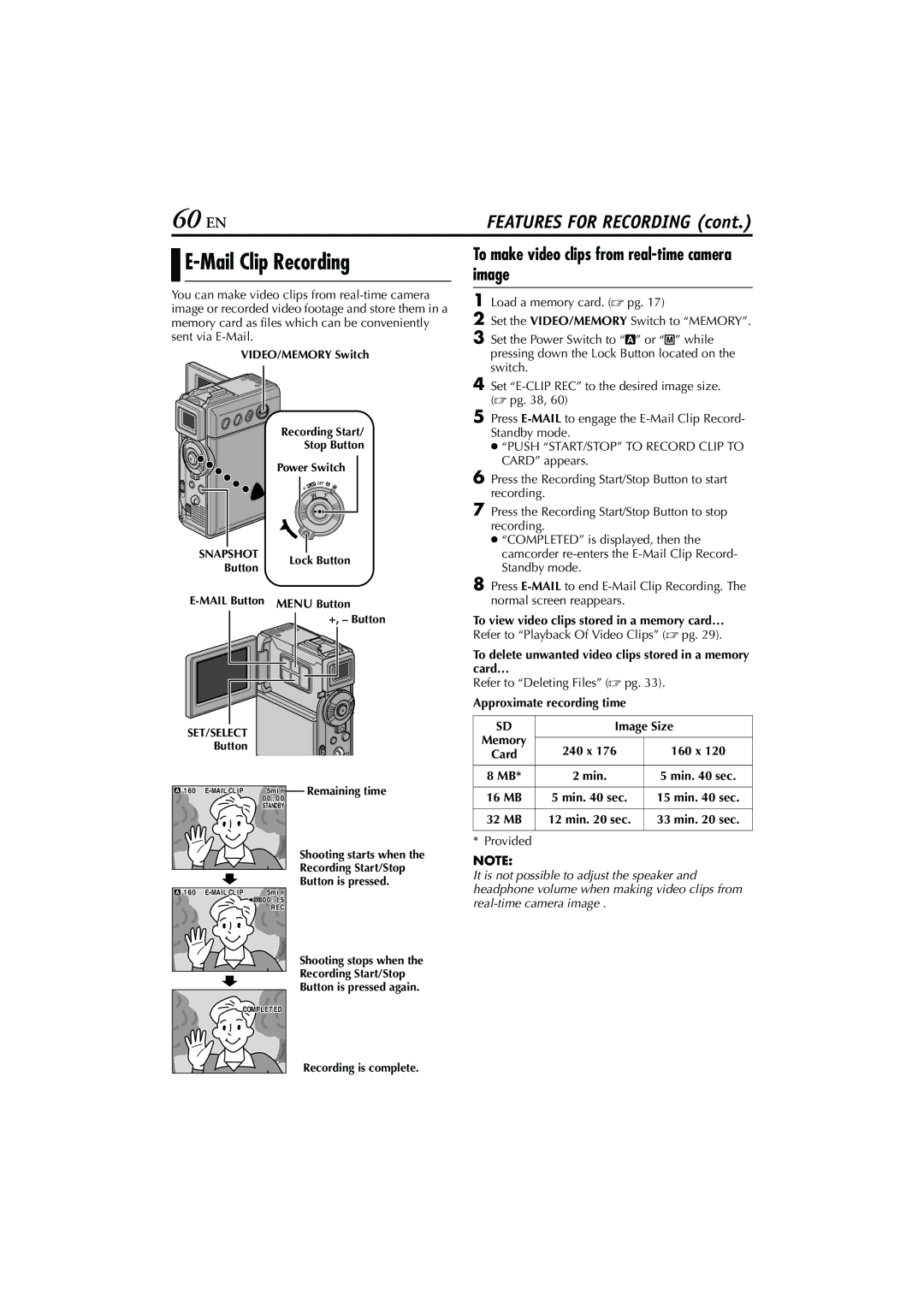 JVC GR-DVP7U manual 60 EN, Mail Clip Recording, To make video clips from real-time camera image 