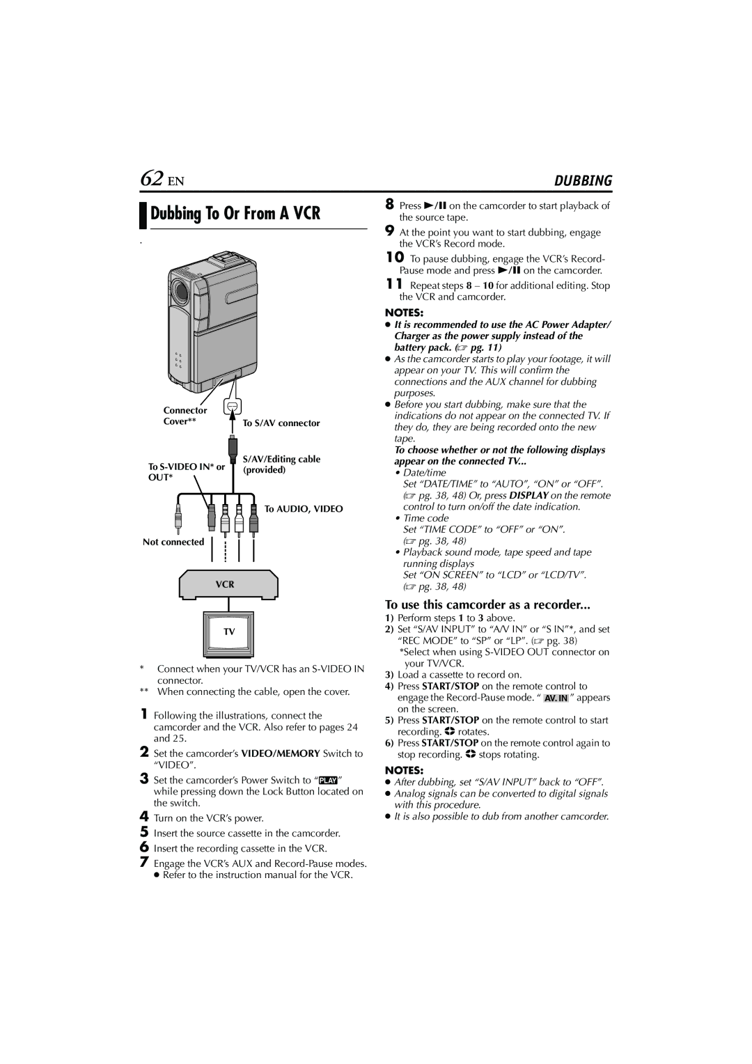 JVC GR-DVP7U manual 62 EN, To use this camcorder as a recorder 