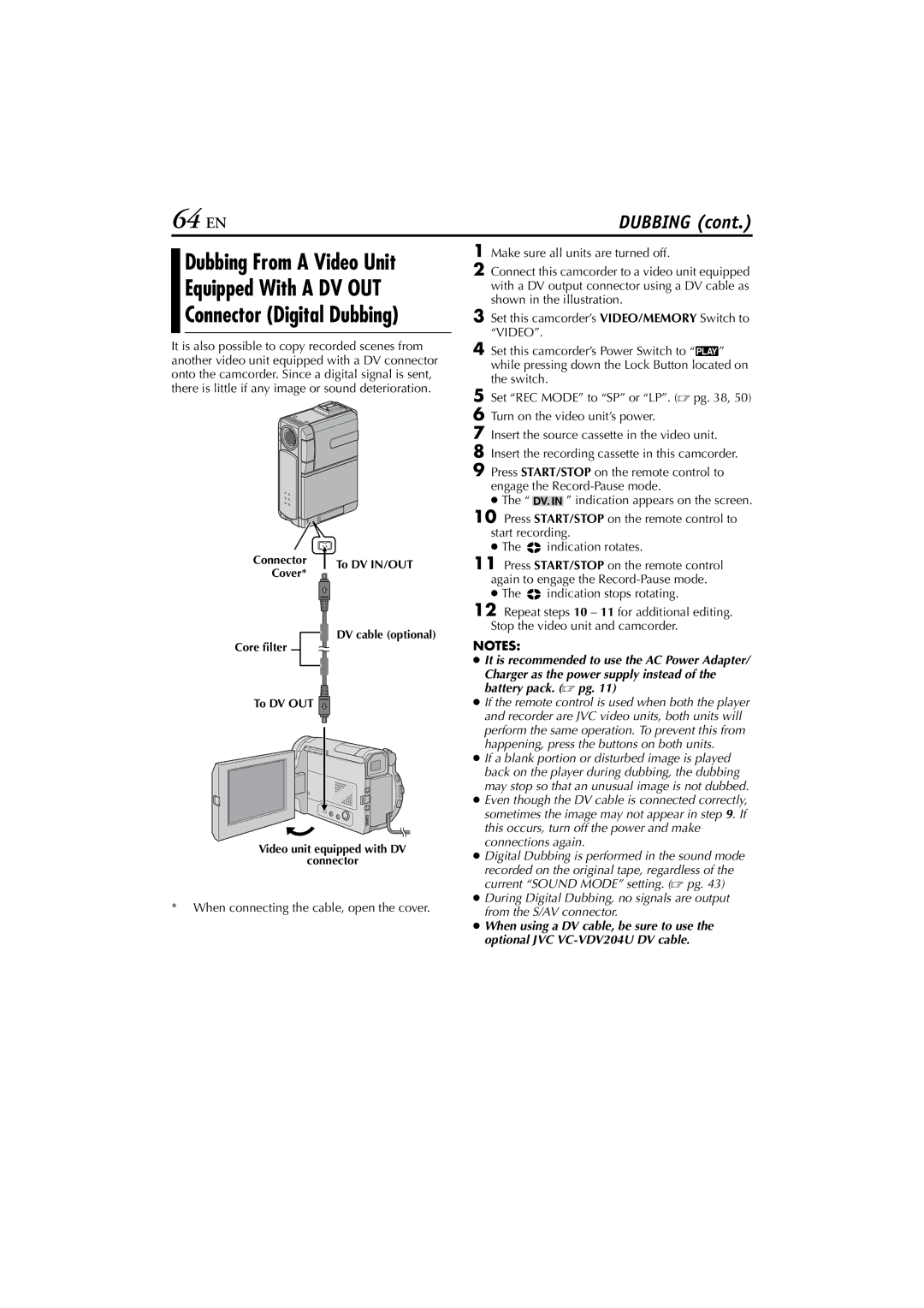 JVC GR-DVP7U manual 64 EN, Equipped With a DV OUT 