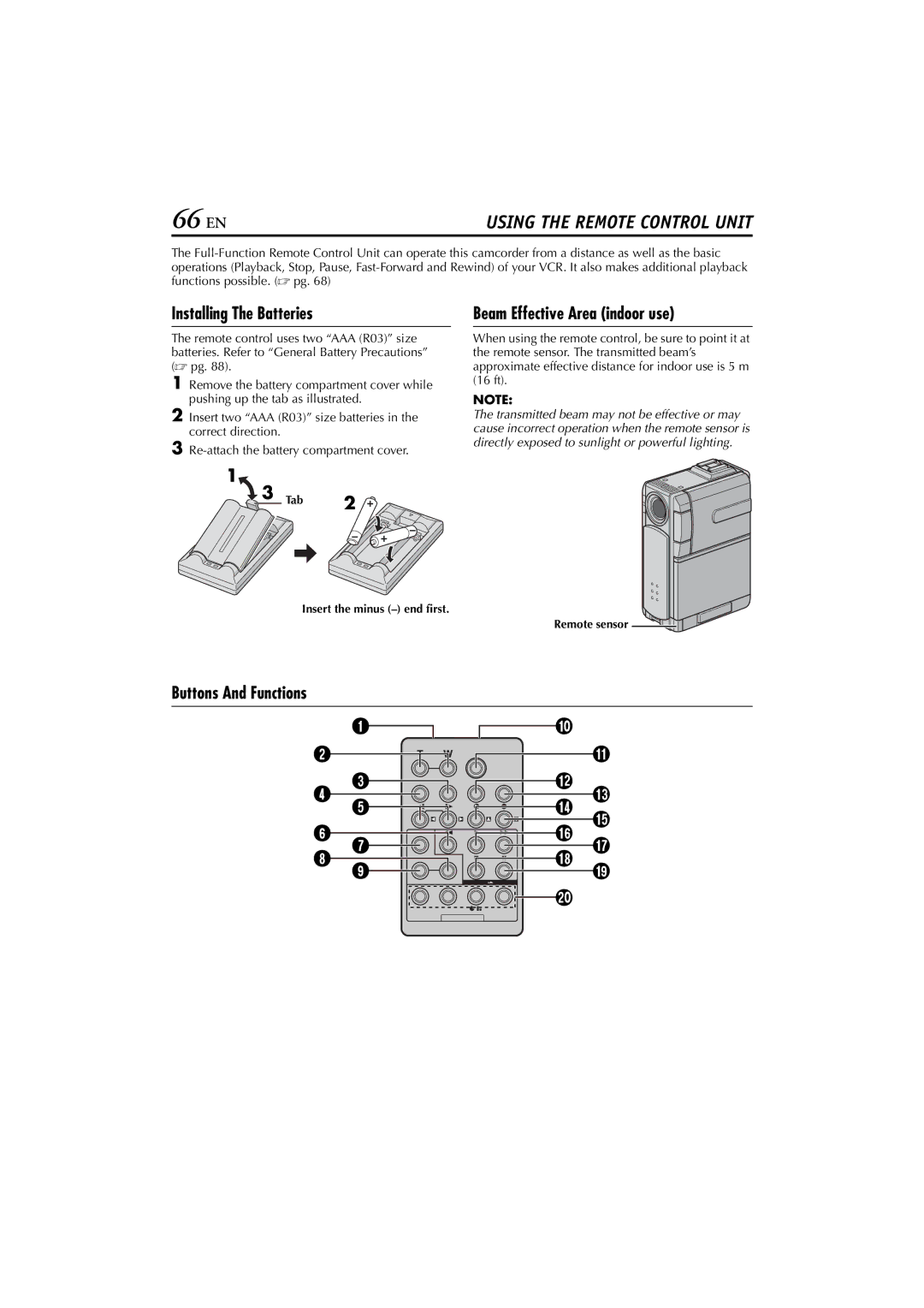 JVC GR-DVP7U manual 66 EN, Installing The Batteries, Beam Effective Area indoor use, Buttons And Functions 