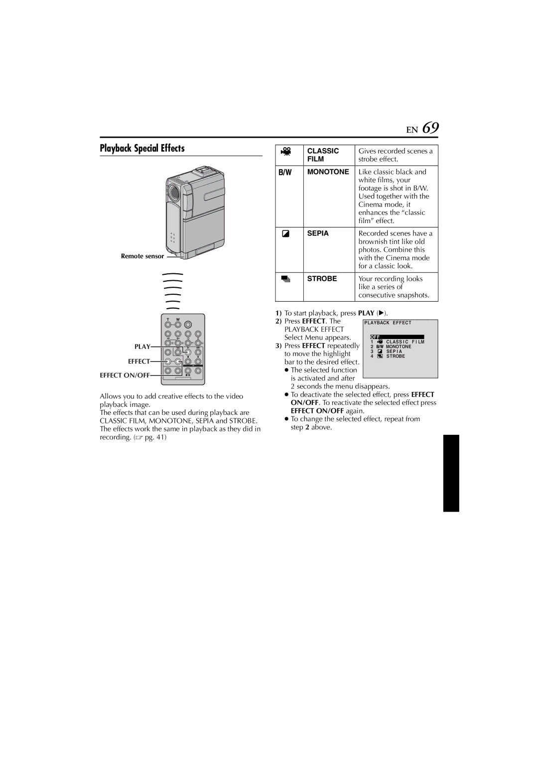 JVC GR-DVP7U manual Classic, Film, Playback Effect 