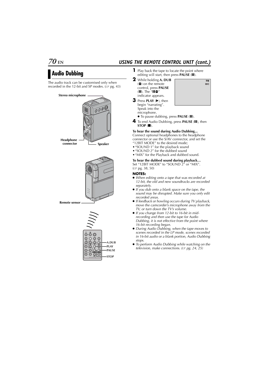 JVC GR-DVP7U manual 70 EN, While holding A. DUB On the remote, To hear the sound during Audio Dubbing 