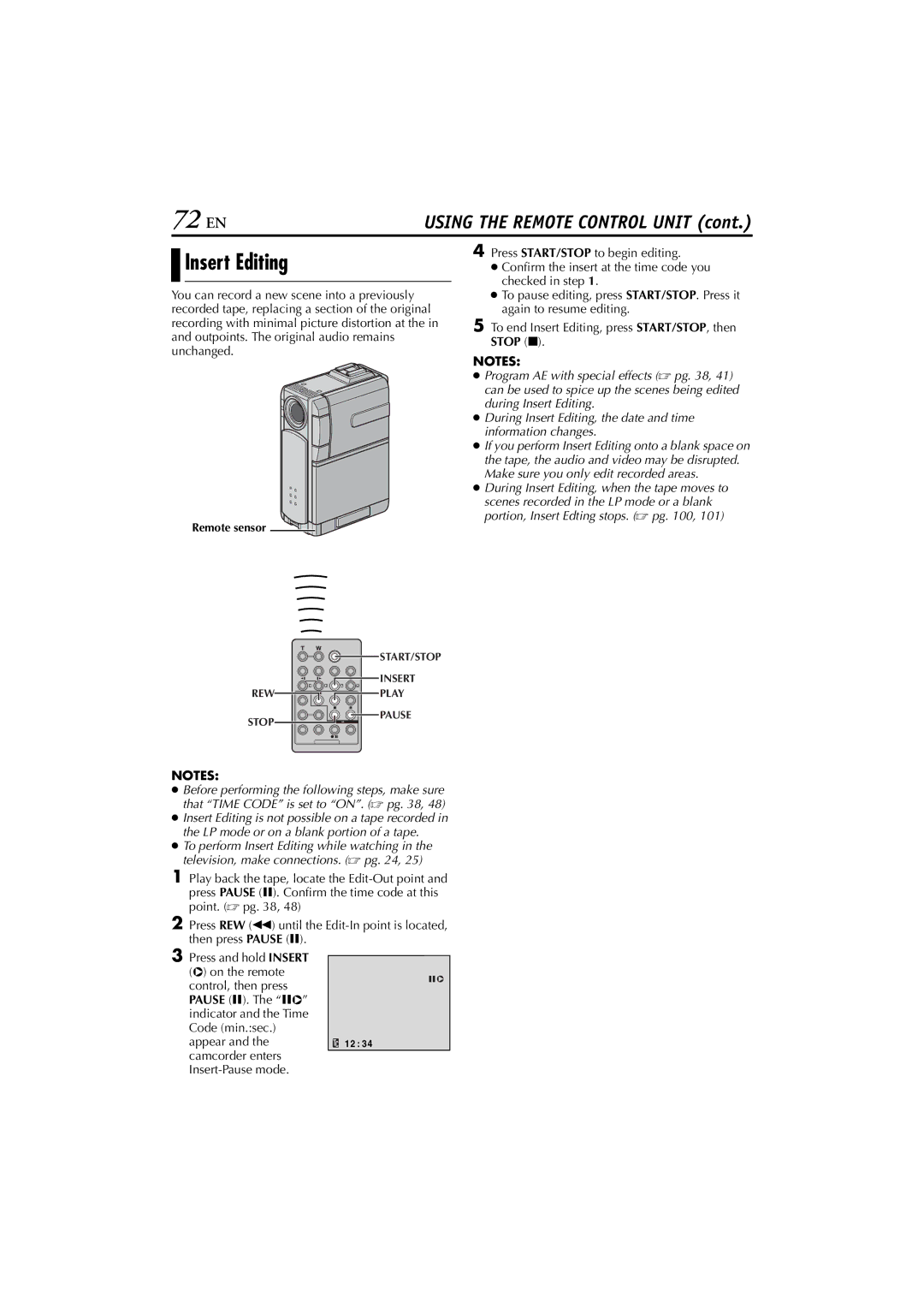 JVC GR-DVP7U manual 72 EN, Insert Editing 