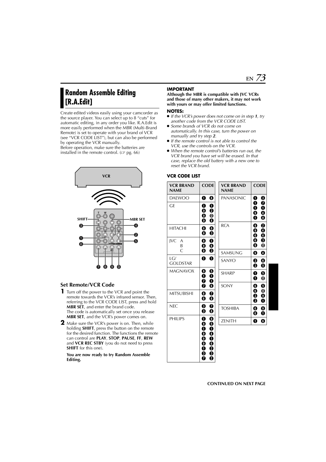 JVC GR-DVP7U manual Random Assemble Editing R.A.Edit, Set Remote/VCR Code, You are now ready to try Random Assemble Editing 