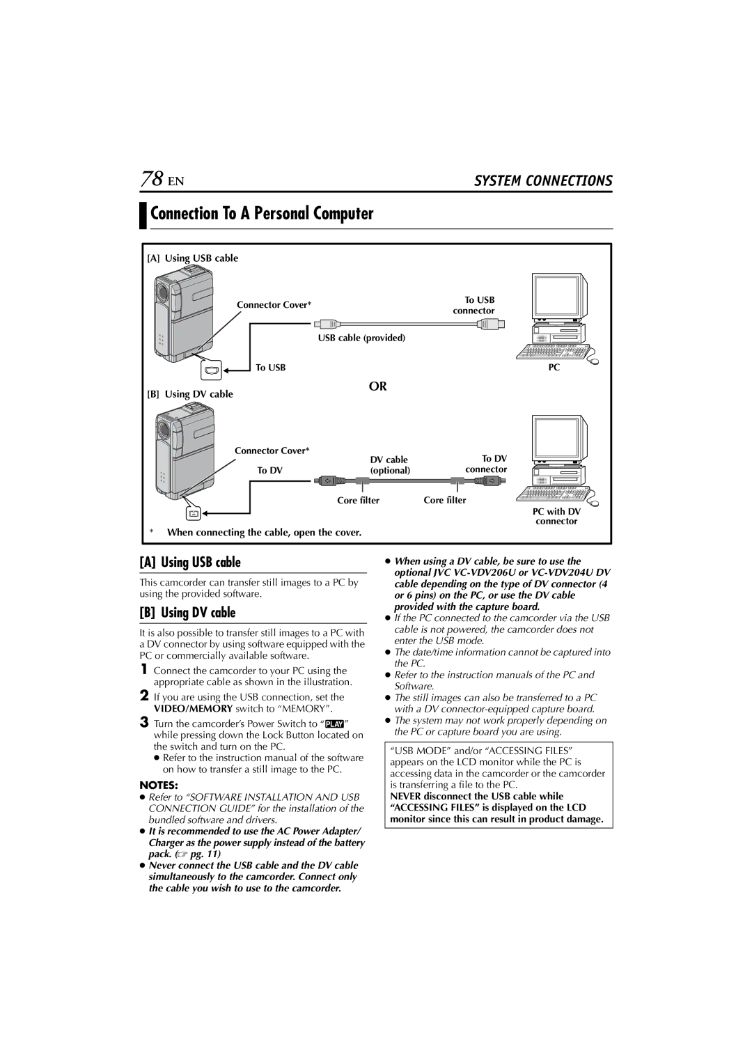 JVC GR-DVP7U manual 78 EN, Connection To a Personal Computer, Using USB cable, Using DV cable 