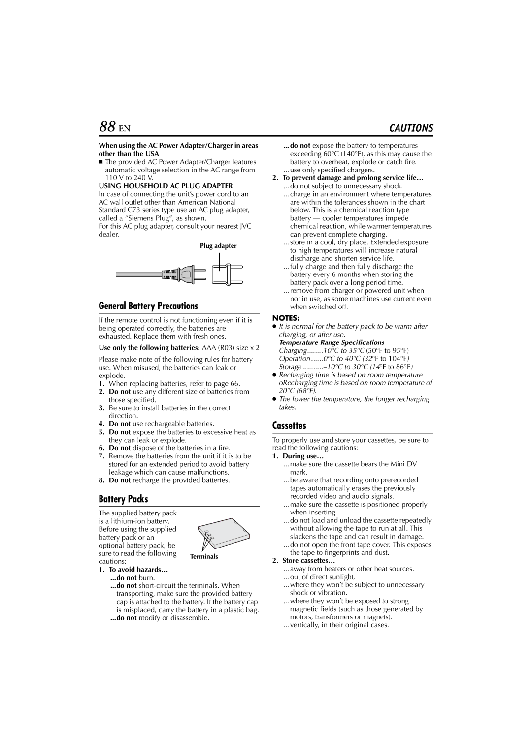 JVC GR-DVP7U manual 88 EN, General Battery Precautions, Battery Packs, Cassettes, Using Household AC Plug Adapter 