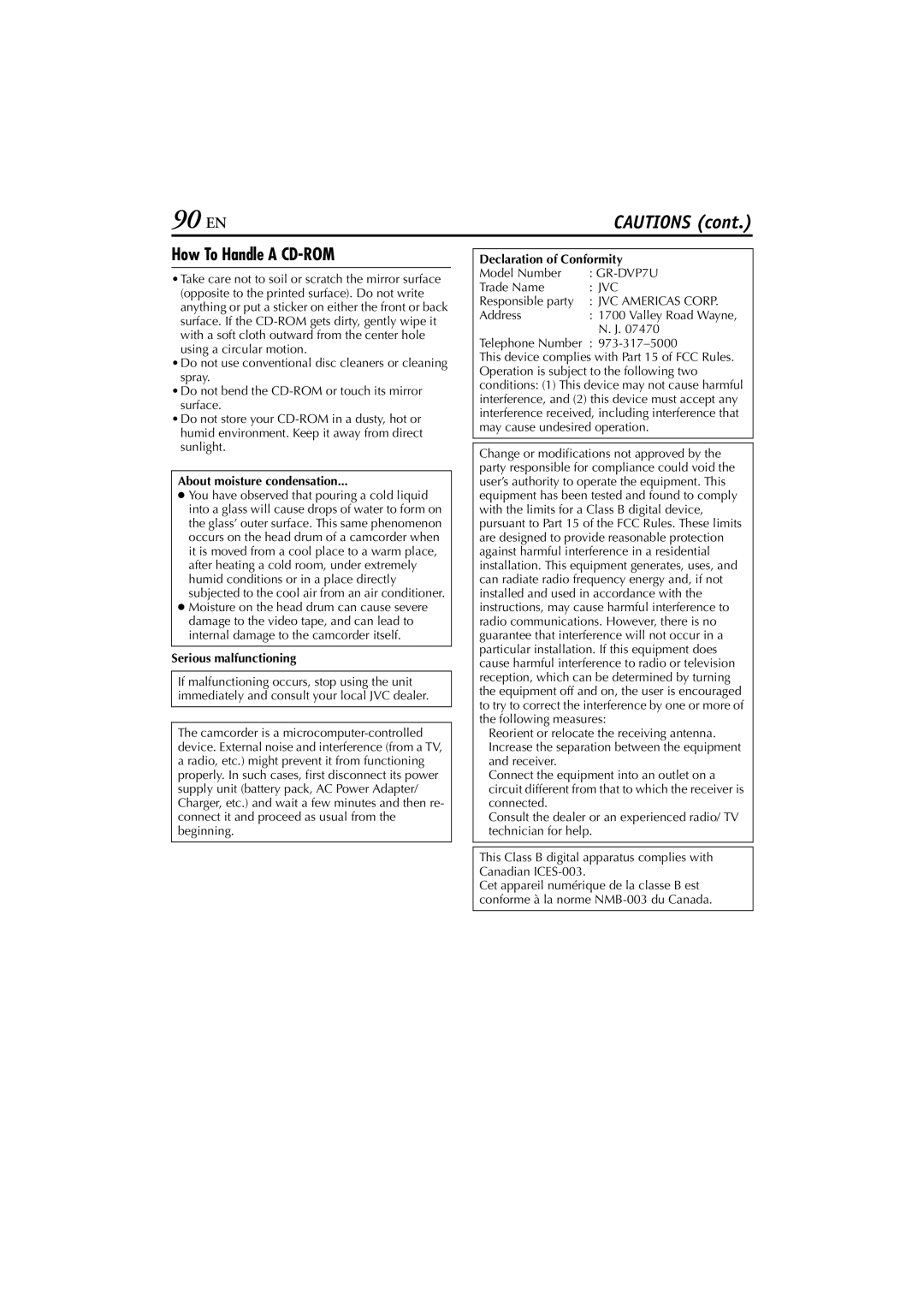 JVC GR-DVP7U 90 EN, How To Handle a CD-ROM, About moisture condensation, Serious malfunctioning, Declaration of Conformity 