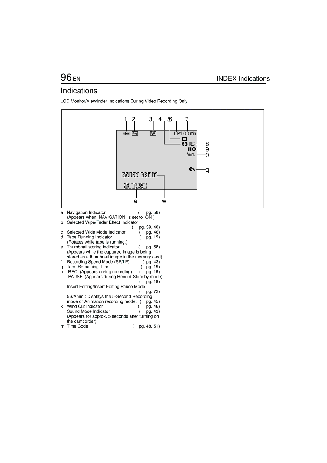 JVC GR-DVP7U manual 96 EN, Indications 