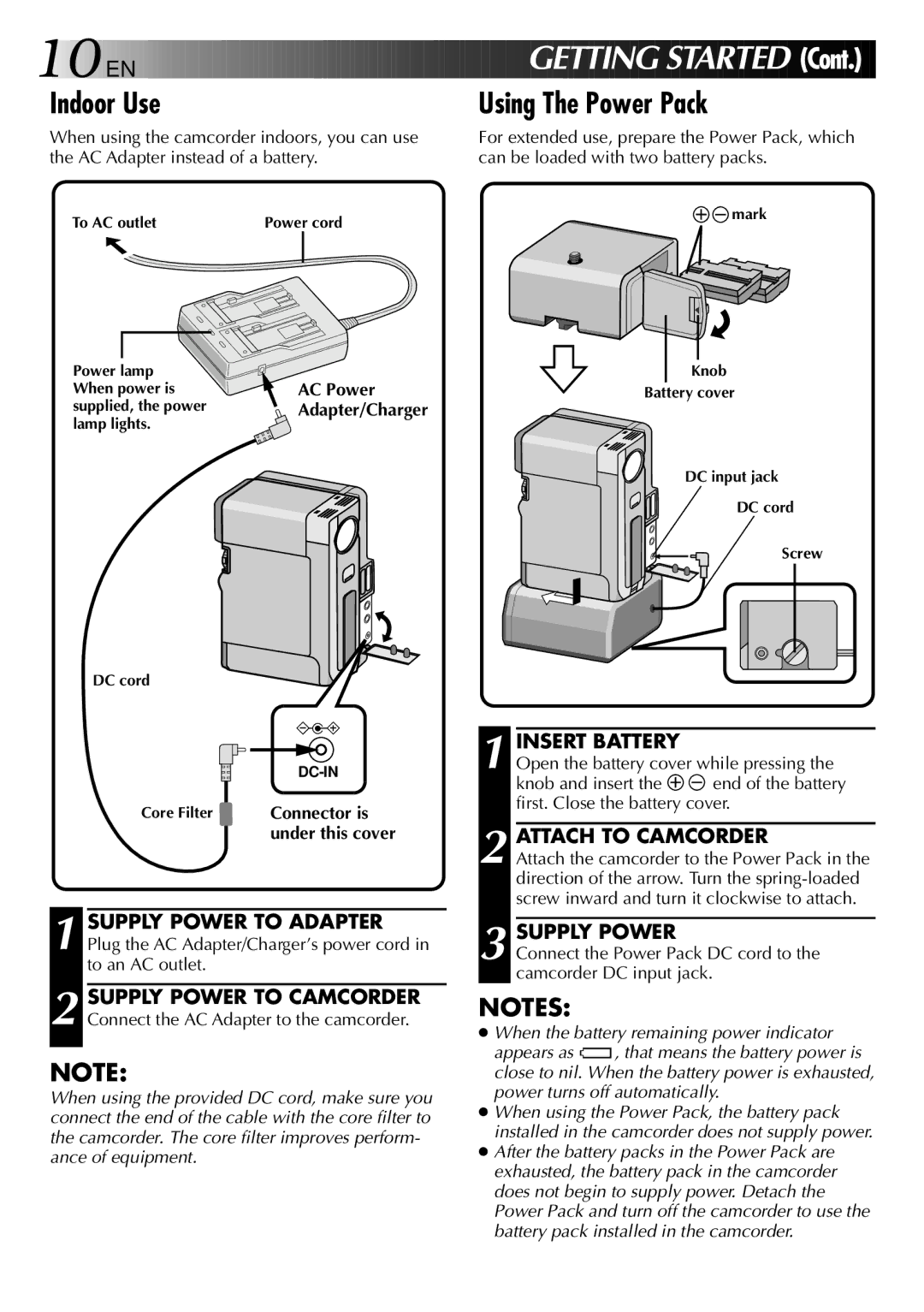 JVC GR-DVX 2LTD, LYT0002-0W3A manual Attach to Camcorder, Supply Power, Knob and insert, First. Close the battery cover 