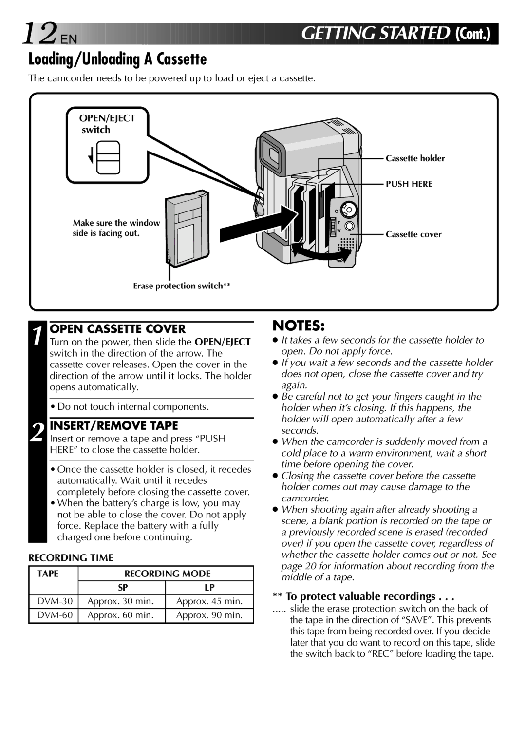 JVC GR-DVX 2LTD Loading/Unloading a Cassette, Open Cassette Cover, INSERT/REMOVE Tape, To protect valuable recordings 