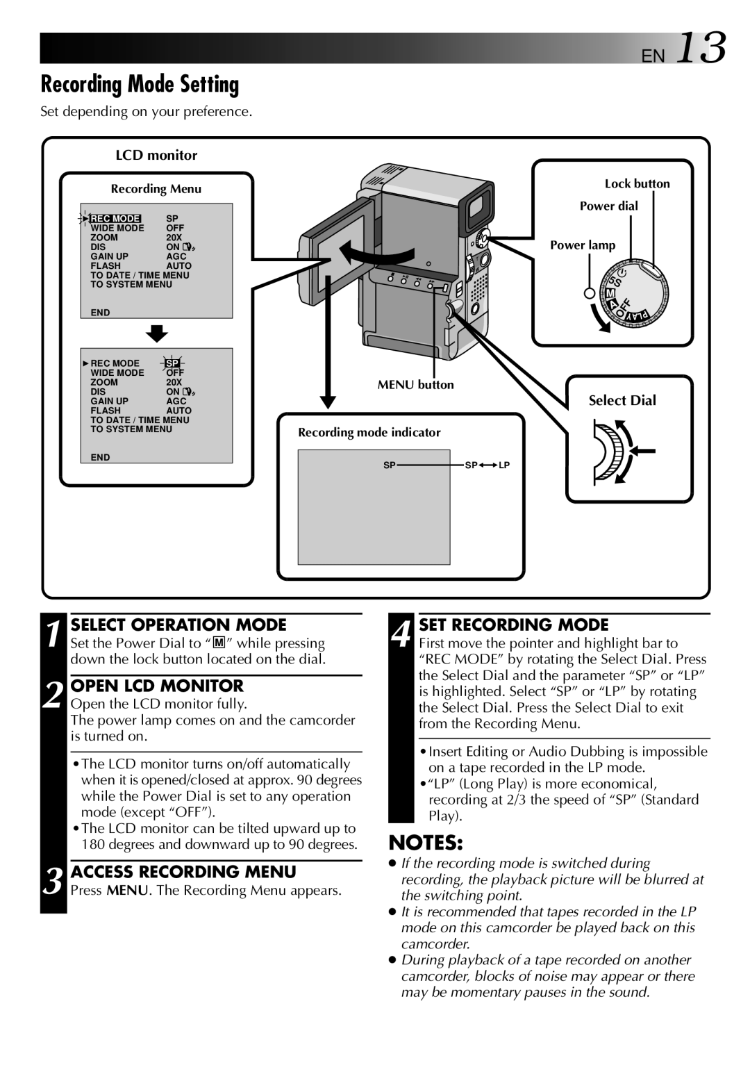 JVC LYT0002-0W3A, GR-DVX 2LTD manual Recording Mode Setting, SET Recording Mode, Set depending on your preference 