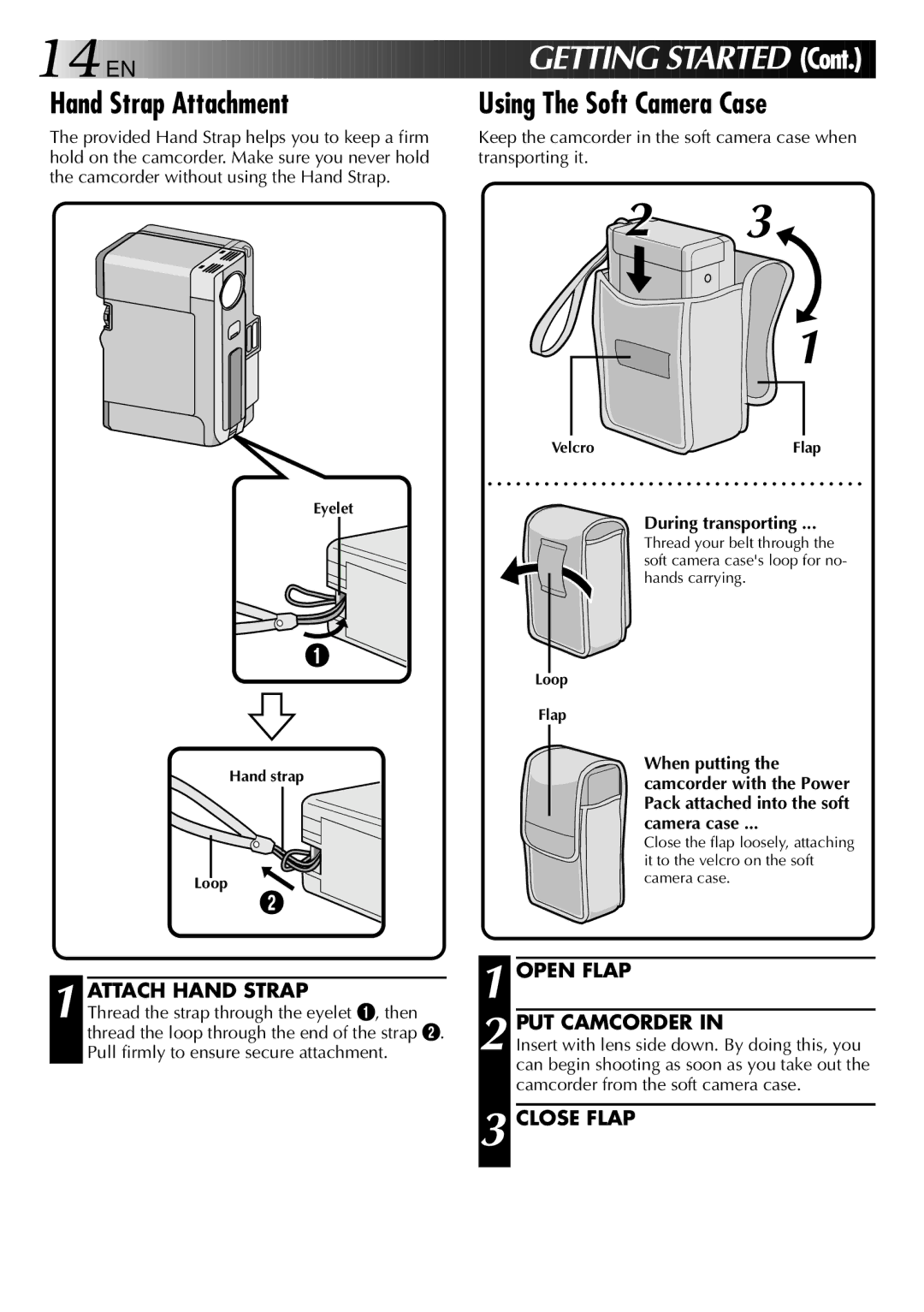 JVC GR-DVX 2LTD, LYT0002-0W3A manual Attach Hand Strap, PUT Camcorder, Close Flap, During transporting 