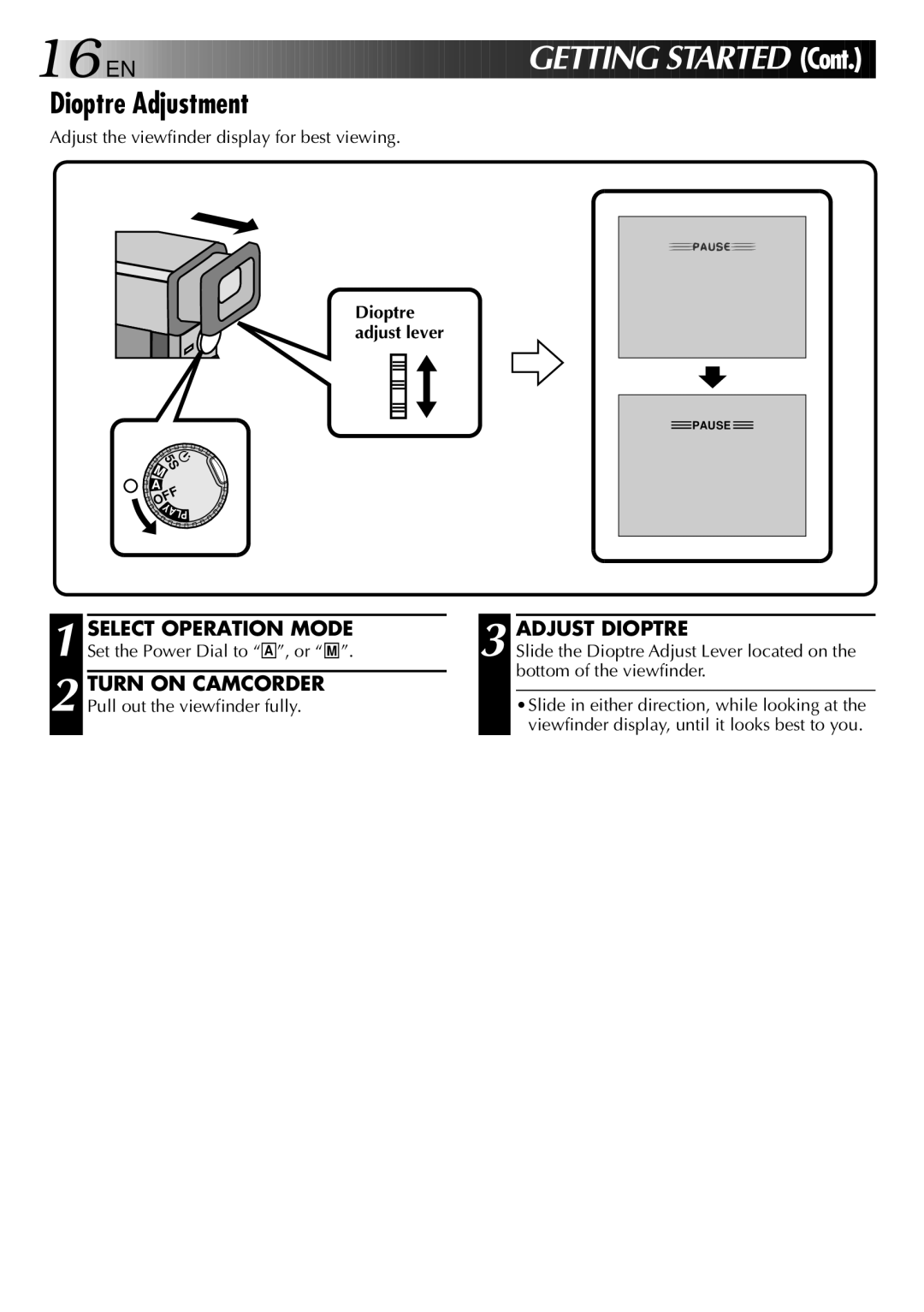 JVC GR-DVX 2LTD, LYT0002-0W3A manual Dioptre Adjustment, Turn on Camcorder, Adjust Dioptre 