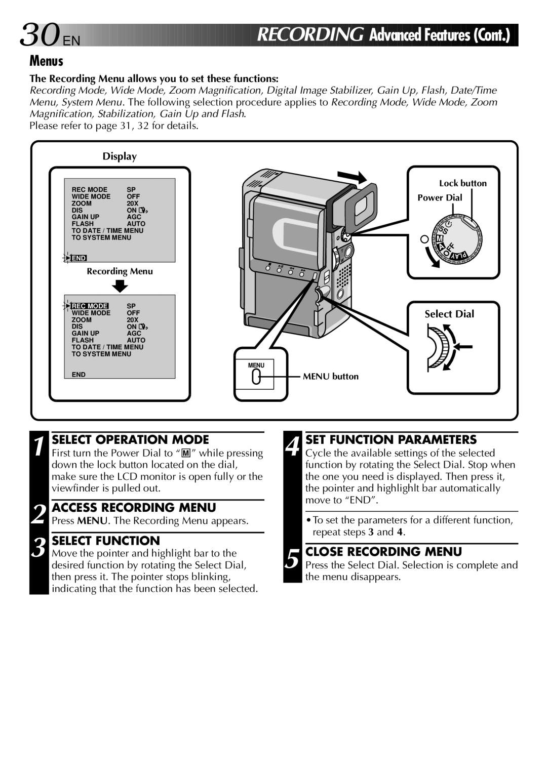 JVC GR-DVX 2LTD, LYT0002-0W3A manual Menus, Close Recording Menu, Recording Menu allows you to set these functions 