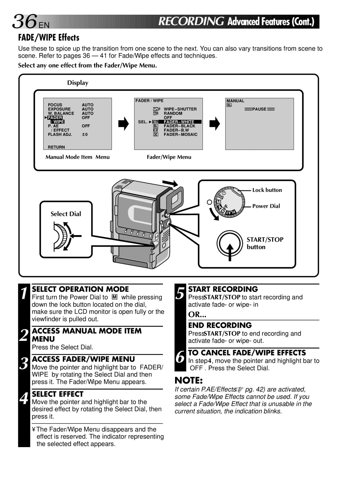 JVC GR-DVX 2LTD, LYT0002-0W3A manual Access FADER/WIPE Menu, Select Effect, To Cancel FADE/WIPE Effects 