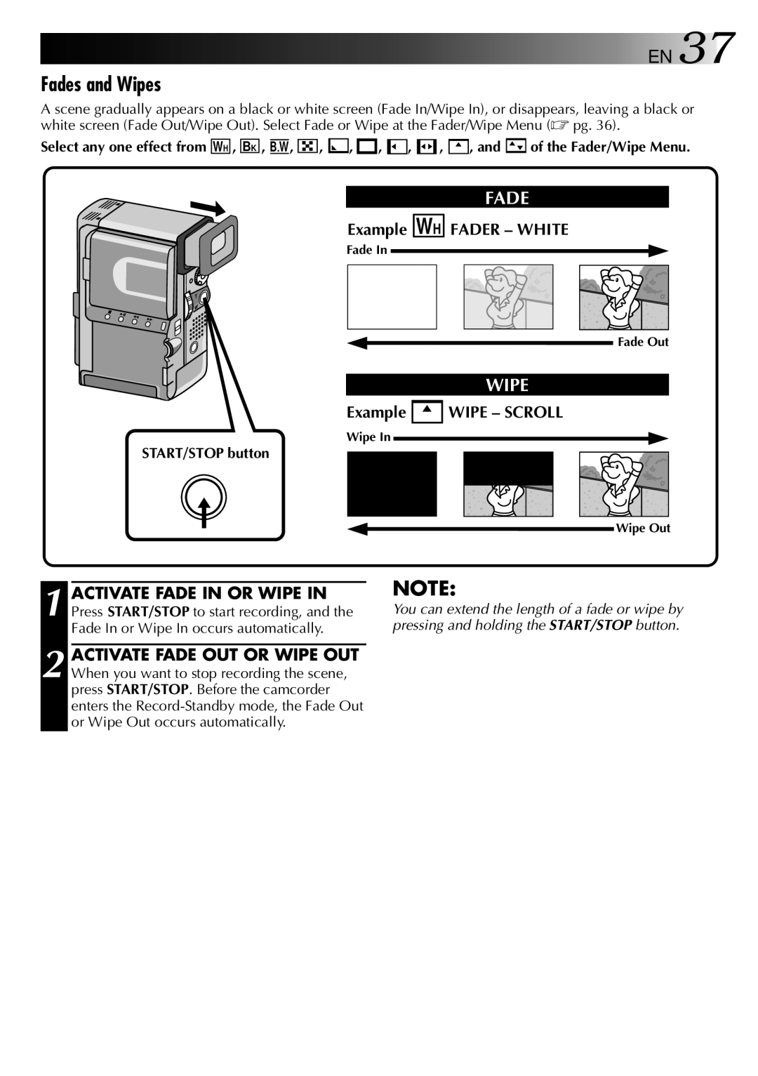 JVC LYT0002-0W3A, GR-DVX 2LTD manual Fades and Wipes, Example WH, Fader White, Wipe Scroll 