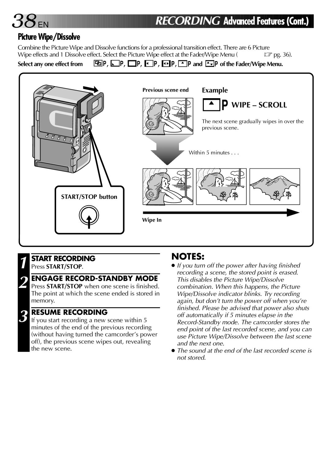 JVC GR-DVX 2LTD, LYT0002-0W3A manual Picture Wipe/Dissolve, Resume Recording, P and P of the Fader/Wipe Menu 