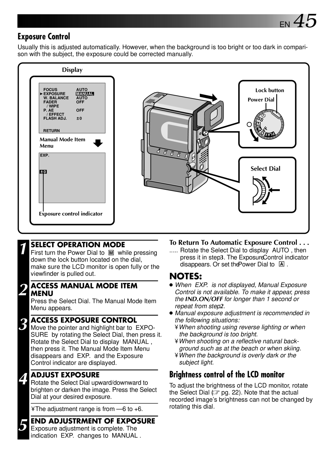 JVC LYT0002-0W3A, GR-DVX 2LTD manual Exposure Control, Brightness control of the LCD monitor, Adjust Exposure 