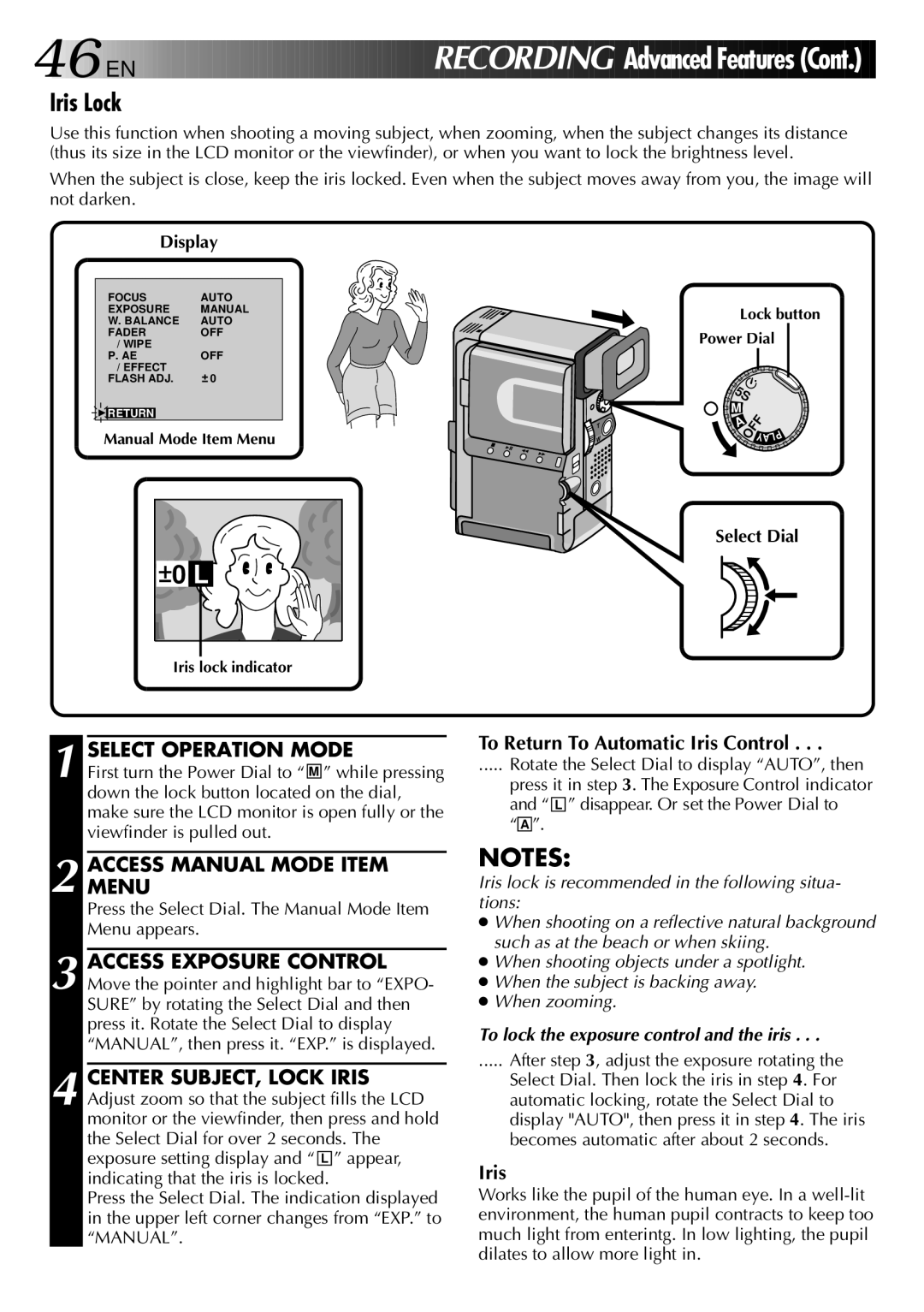 JVC GR-DVX 2LTD, LYT0002-0W3A manual Iris Lock, To Return To Automatic Iris Control, After , adjust the exposure rotating 