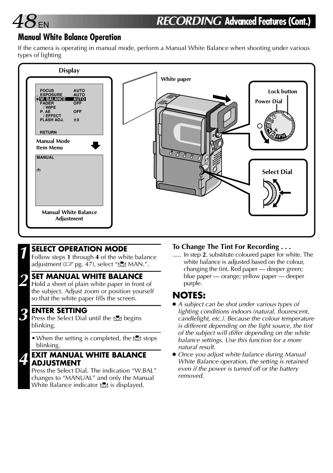 JVC GR-DVX 2LTD, LYT0002-0W3A manual Manual White Balance Operation, Enter Setting, Exit Manual White Balance Adjustment 