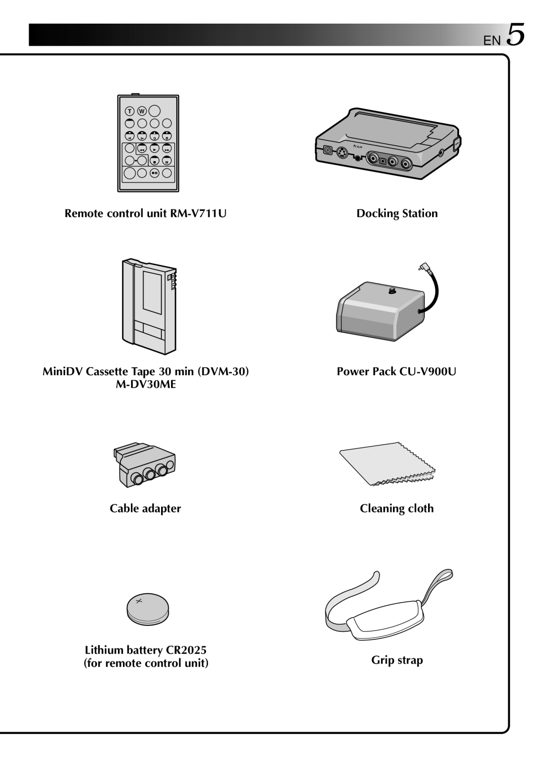 JVC LYT0002-0W3A Remote control unit RM-V711U, DV30ME, Cable adapter, Lithium battery CR2025, For remote control unit 