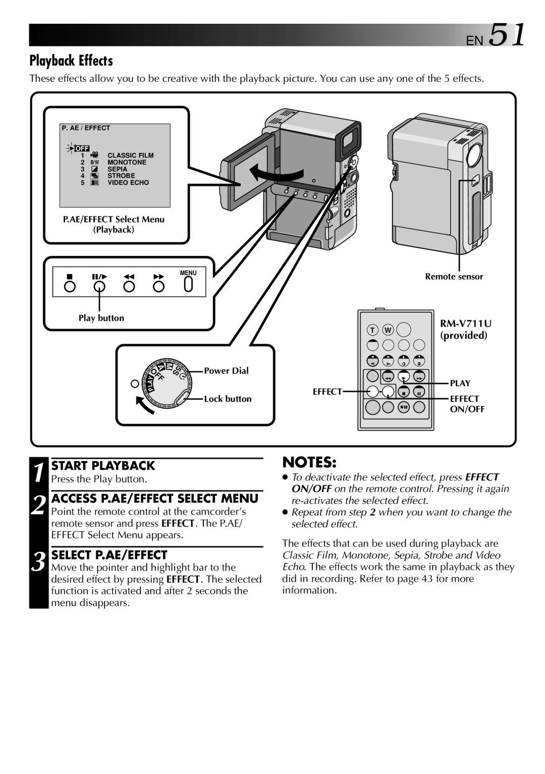 JVC LYT0002-0W3A, GR-DVX 2LTD manual Playback Effects, Select P.AE/EFFECT, RM-V711U, Start Playback Press the Play button 