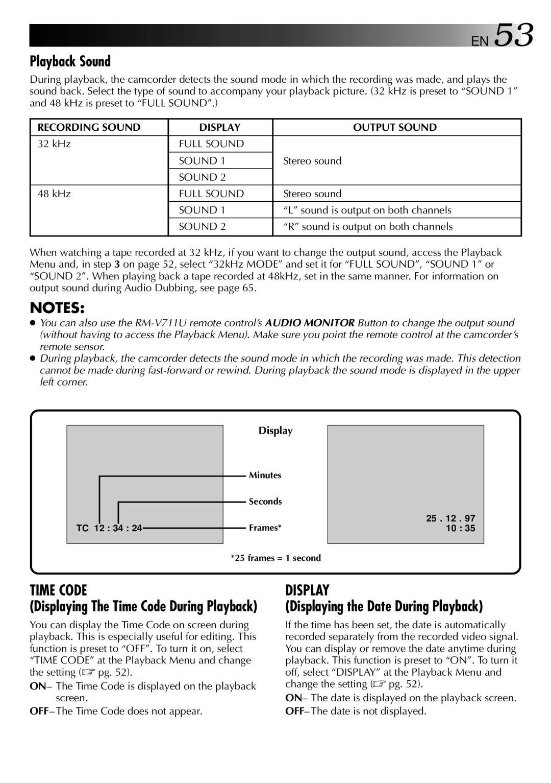 JVC LYT0002-0W3A manual Playback Sound, Displaying the Date During Playback, Displaying The Time Code During Playback 