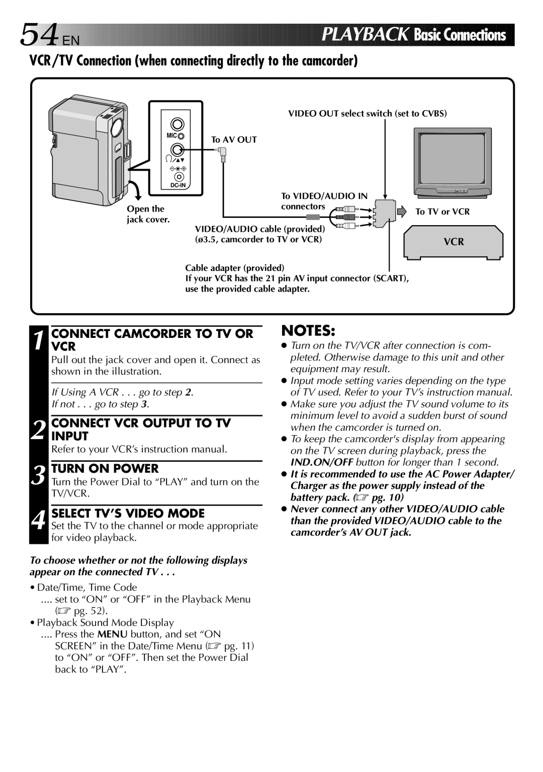 JVC GR-DVX 2LTD VCR/TV Connection when connecting directly to the camcorder, Connectvcr Camcorder to TV or, Turn on Power 