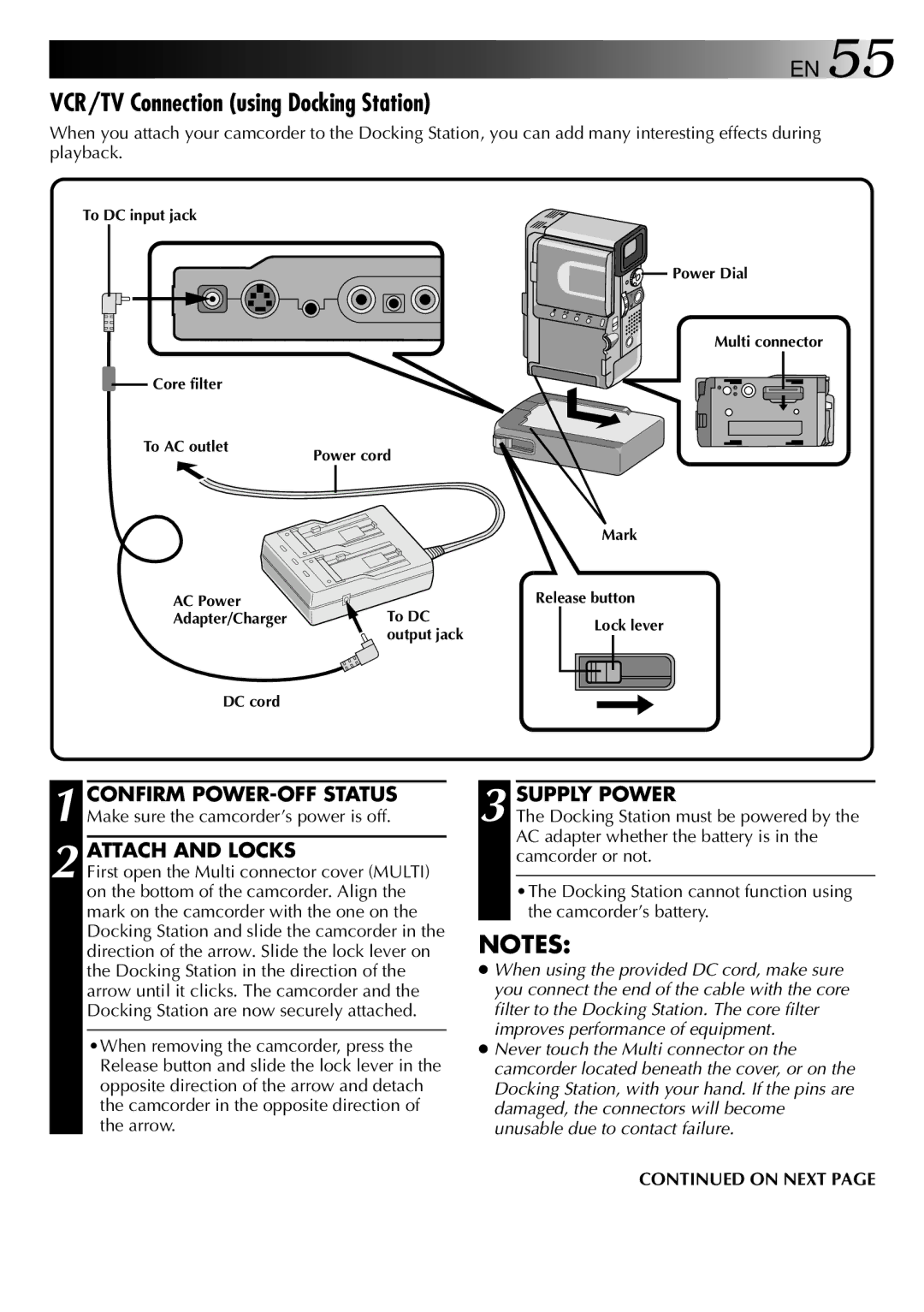 JVC LYT0002-0W3A manual VCR/TV Connection using Docking Station, Confirm POWER-OFF Status Supply Power, Attach and Locks 