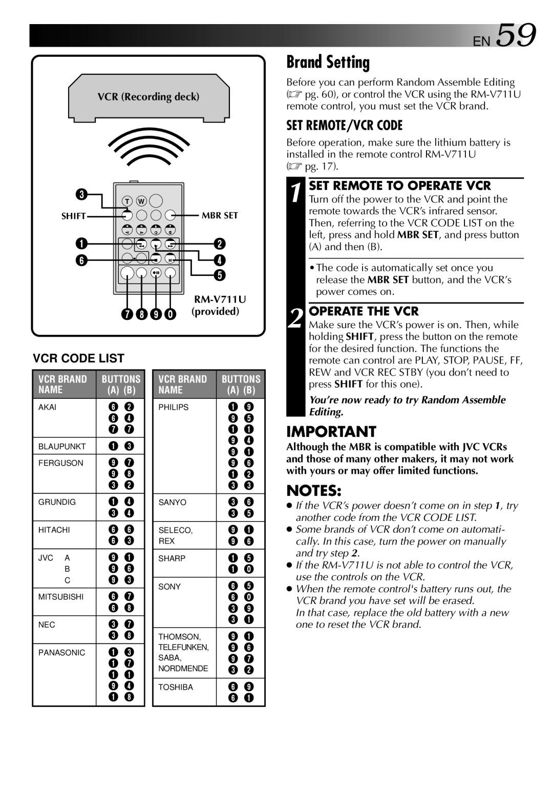 JVC LYT0002-0W3A, GR-DVX 2LTD manual Brand Setting, Operate the VCR VCR Code List, RM-V711U 9 ` provided 