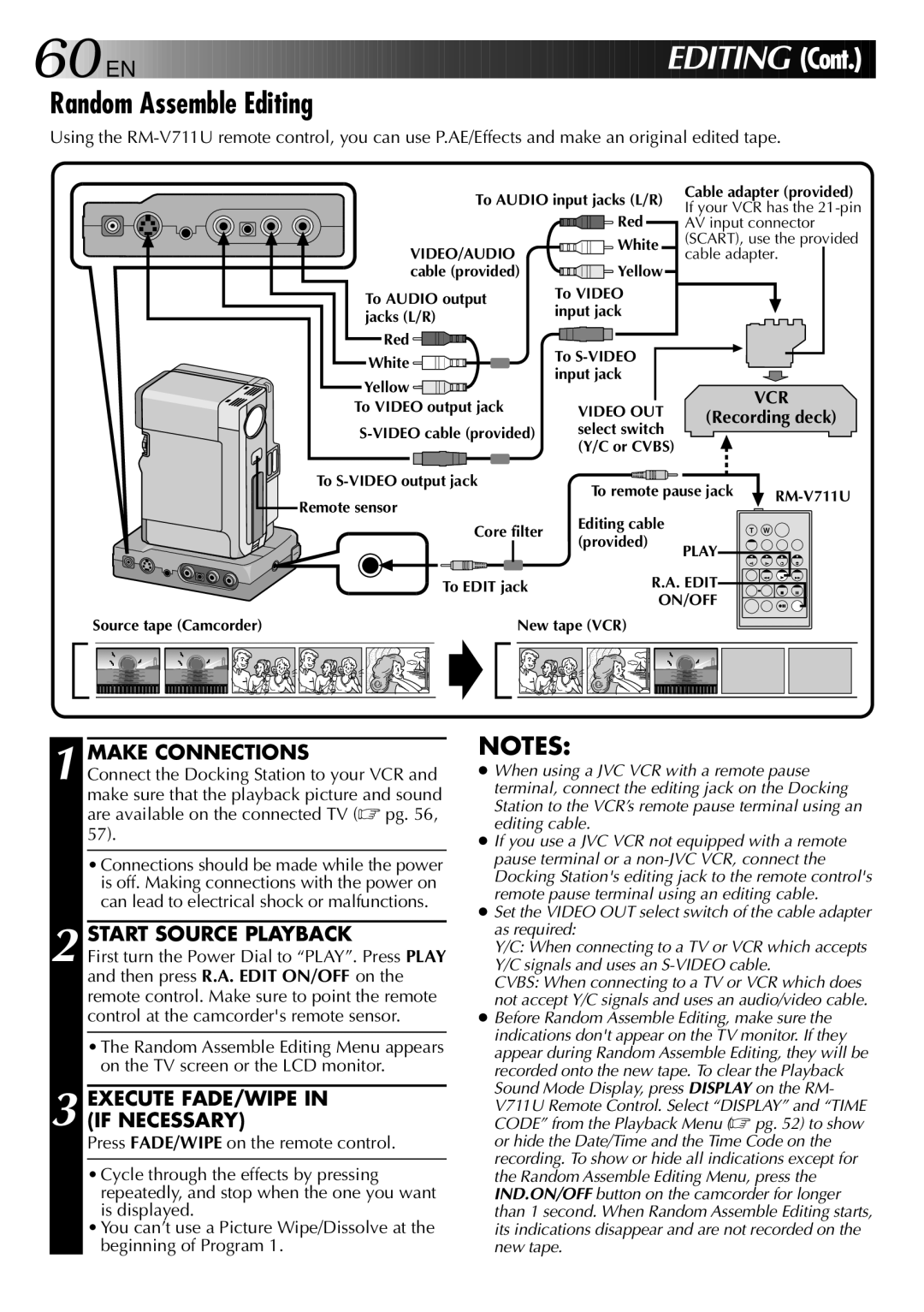 JVC GR-DVX 2LTD manual Random Assemble Editing, Make Connections, Start Source Playback, Execute FADE/WIPE in if Necessary 