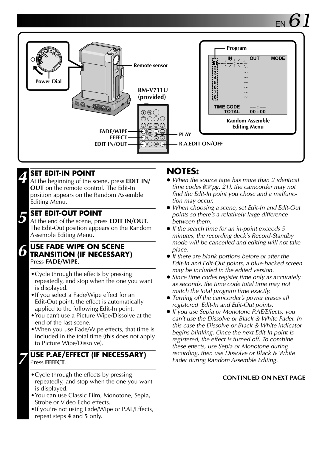 JVC LYT0002-0W3A SET EDIT-IN Point, SET EDIT-OUT Point, USE Fade Wipe on Scene Transition if Necessary, Press FADE/WIPE 