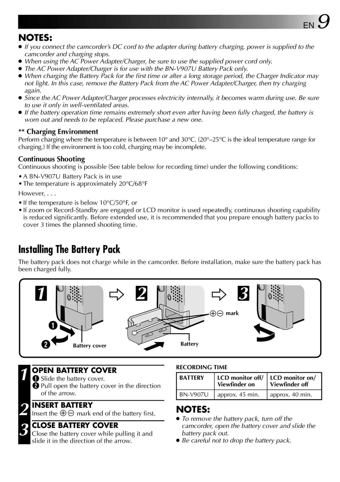 JVC LYT0002-0W3A, GR-DVX 2LTD manual Installing The Battery Pack, Open Battery Cover, Insert Battery, Close Battery Cover 