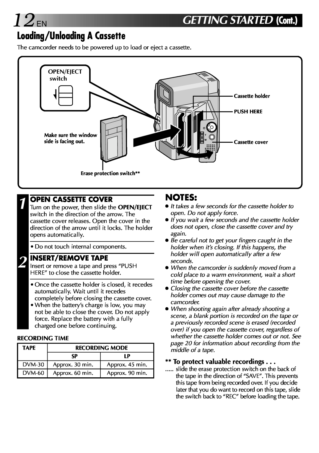 JVC GR-DVX 2LTD manual 12EN GETTINGSTARTED Cont, Loading/Unloading A Cassette, Open Cassette Cover, Insert/Remove Tape 
