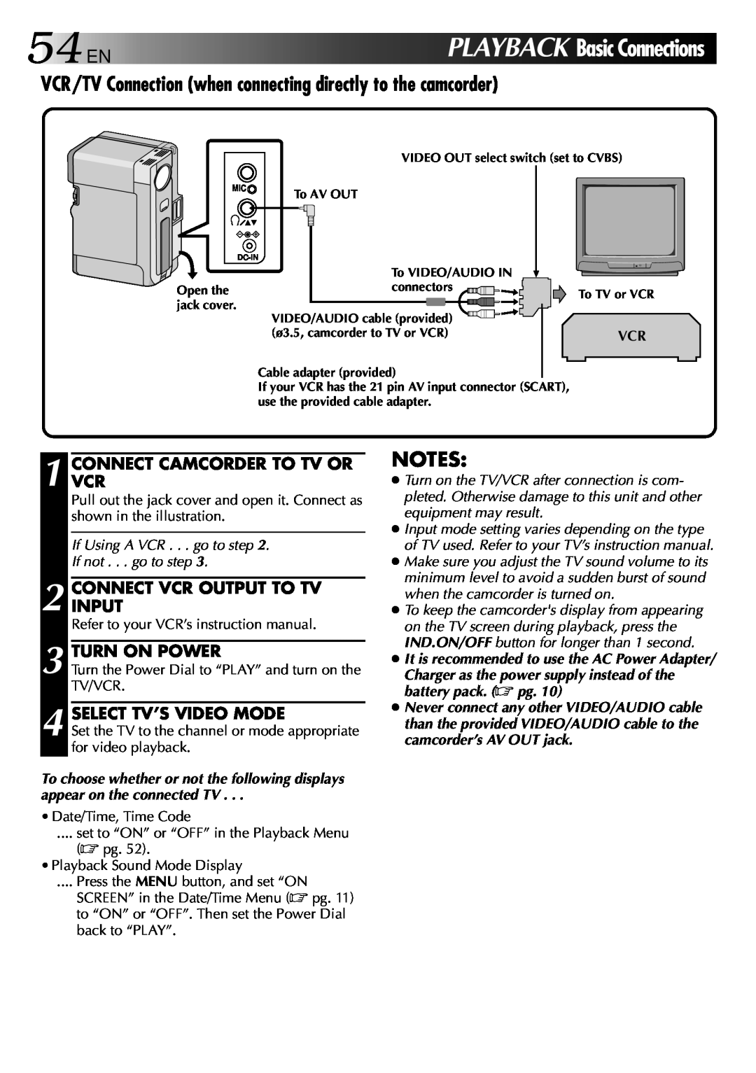 JVC GR-DVX 2LTD, LYT0002-0W3A 54EN PLAYBACK Basic Connections, VCR/TV Connection when connecting directly to the camcorder 