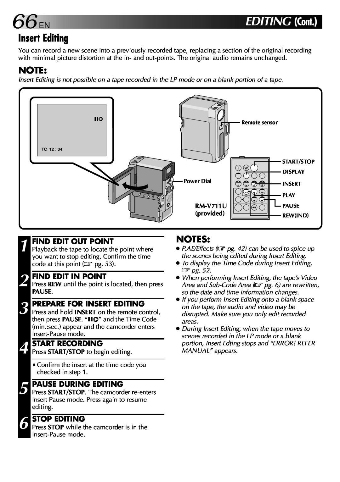 JVC GR-DVX 2LTD 66EN EDITING Cont, Insert Editing, Find Edit Out Point, Find Edit In Point, Start Recording, Stop Editing 