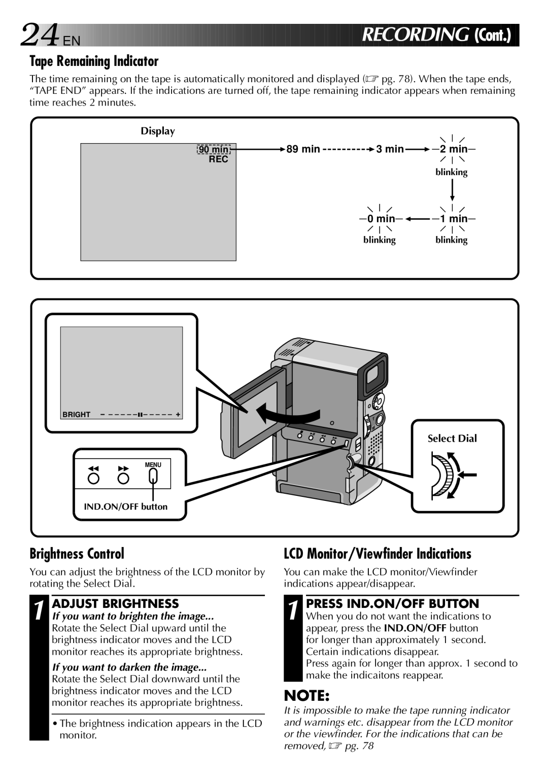 JVC GR-DVX PRO manual Tape Remaining Indicator, Brightness Control, Adjust Brightness 