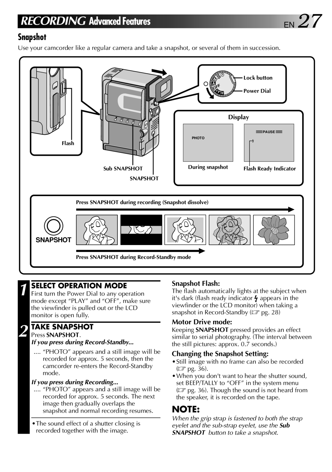 JVC GR-DVX PRO manual Take Snapshot, Snapshot Flash, Motor Drive mode, Changing the Snapshot Setting 