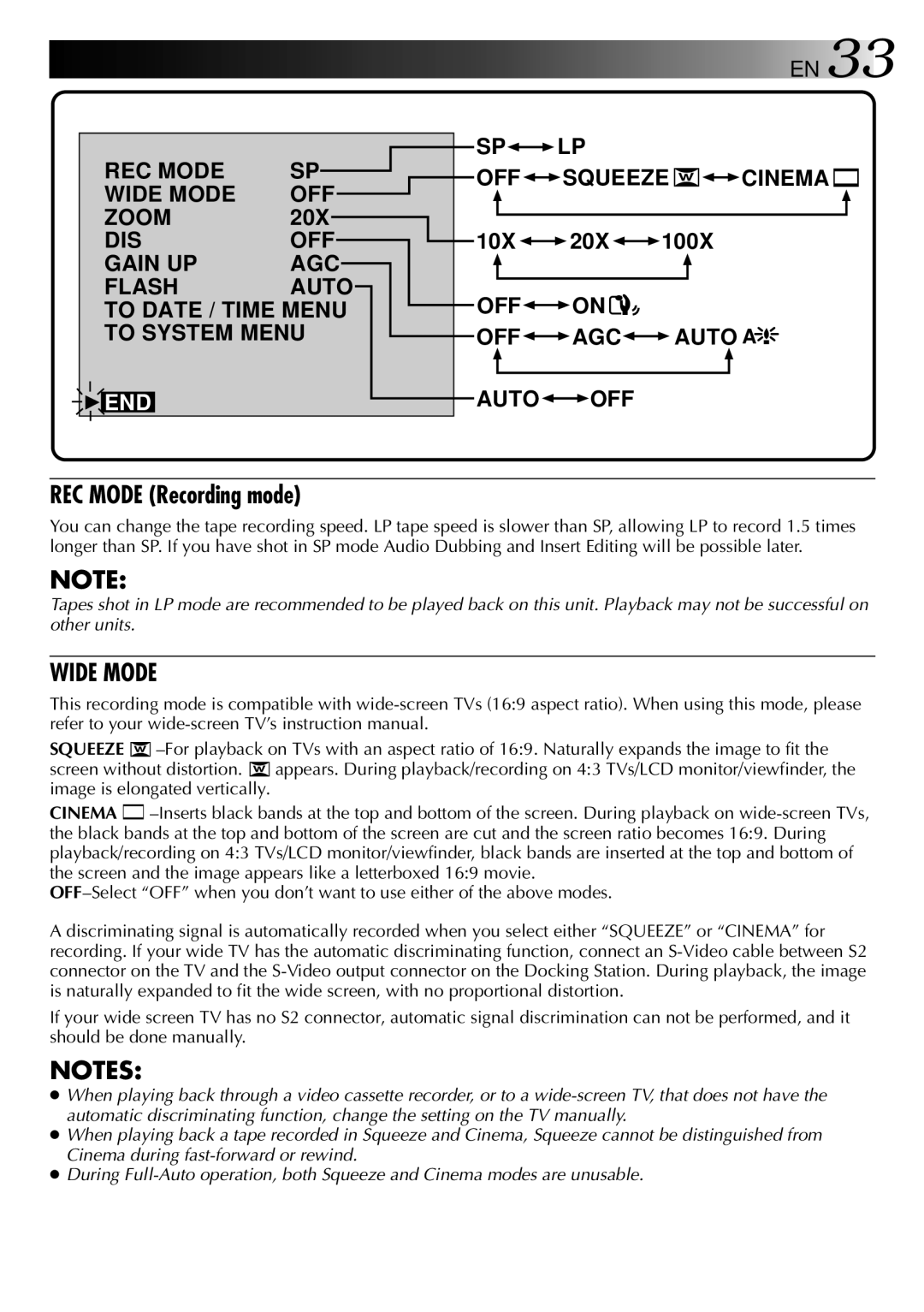 JVC GR-DVX PRO manual REC Mode Recording mode, Wide Mode 