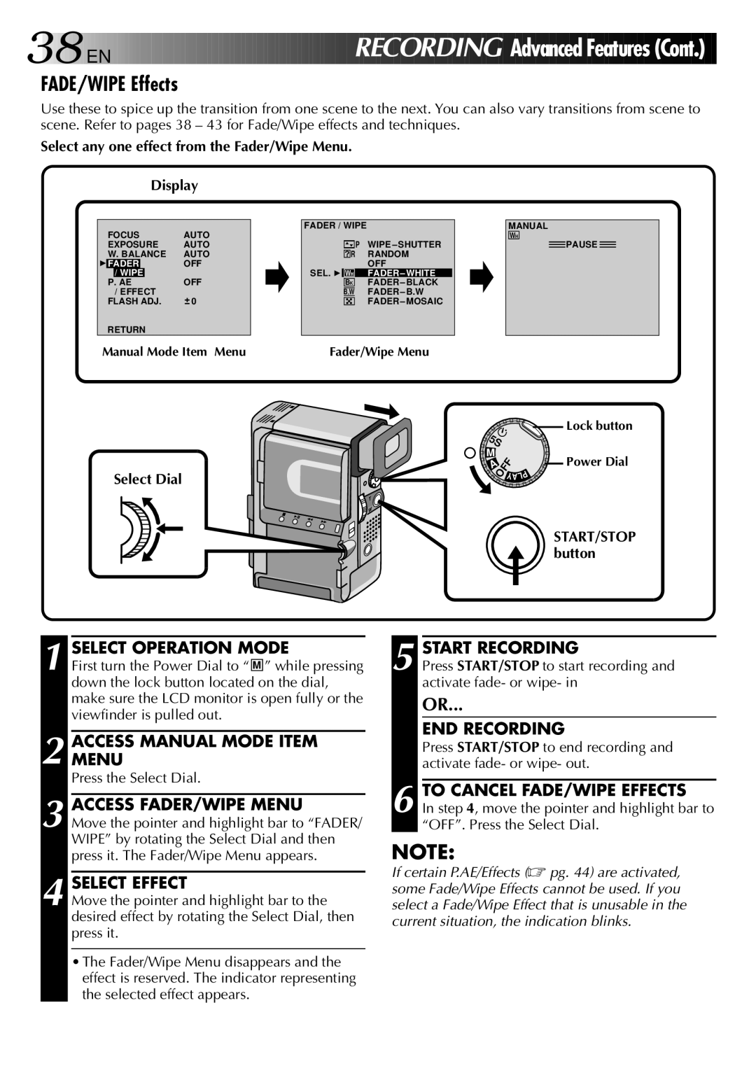 JVC GR-DVX PRO manual Access FADER/WIPE Menu, Select Effect, To Cancel FADE/WIPE Effects 