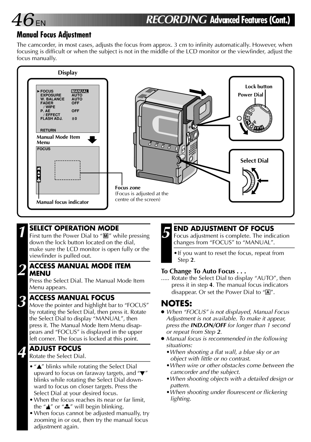 JVC GR-DVX PRO manual Manual Focus Adjustment, Access Manual Focus, Adjust Focus, To Change To Auto Focus 