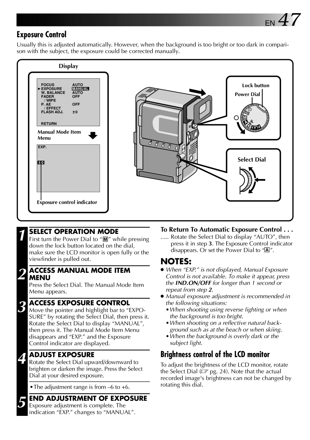 JVC GR-DVX PRO manual Exposure Control, Brightness control of the LCD monitor, Adjust Exposure 