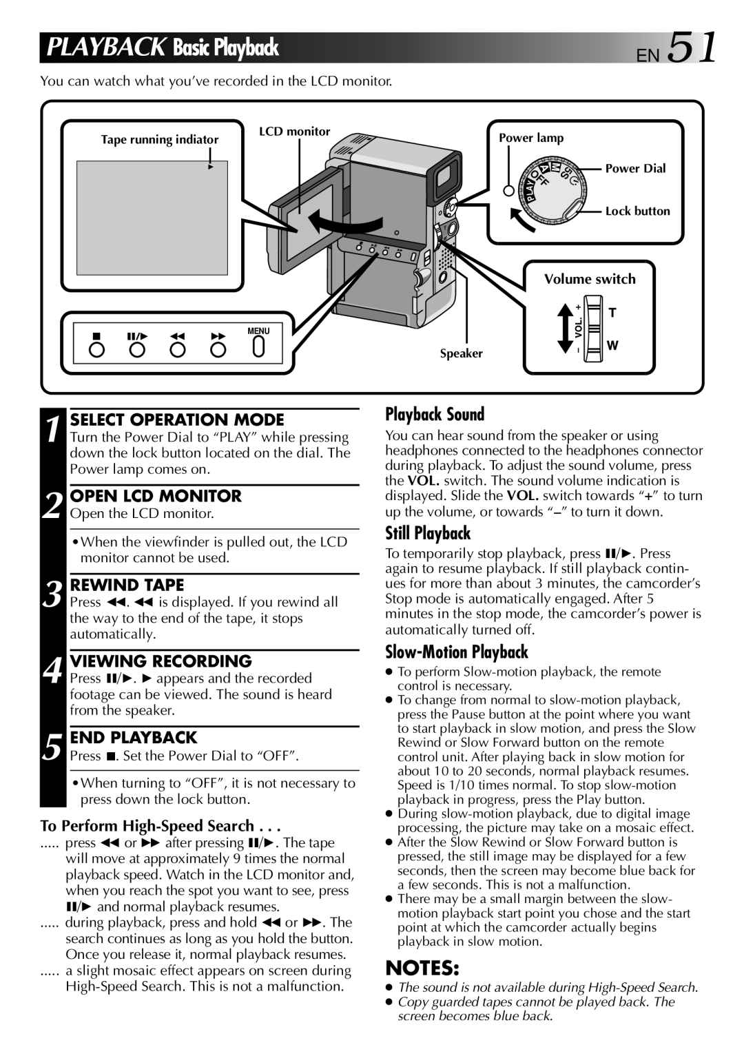 JVC GR-DVX PRO manual Rewind Tape, Viewing Recording, END Playback, To Perform High-Speed Search, Volume switch 