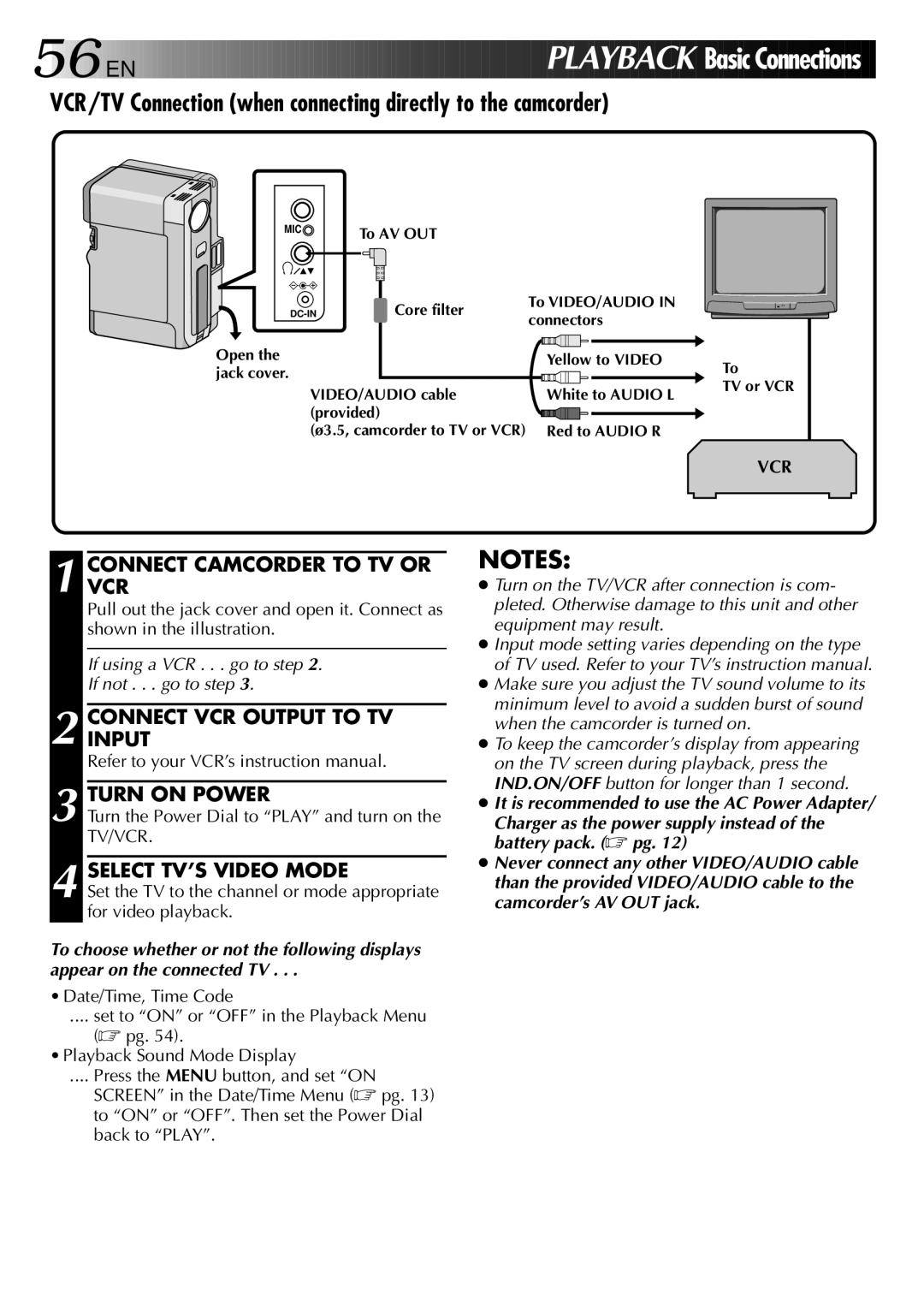 JVC GR-DVX PRO VCR/TV Connection when connecting directly to the camcorder, Connectvcr Camcorder to TV or, Turn on Power 