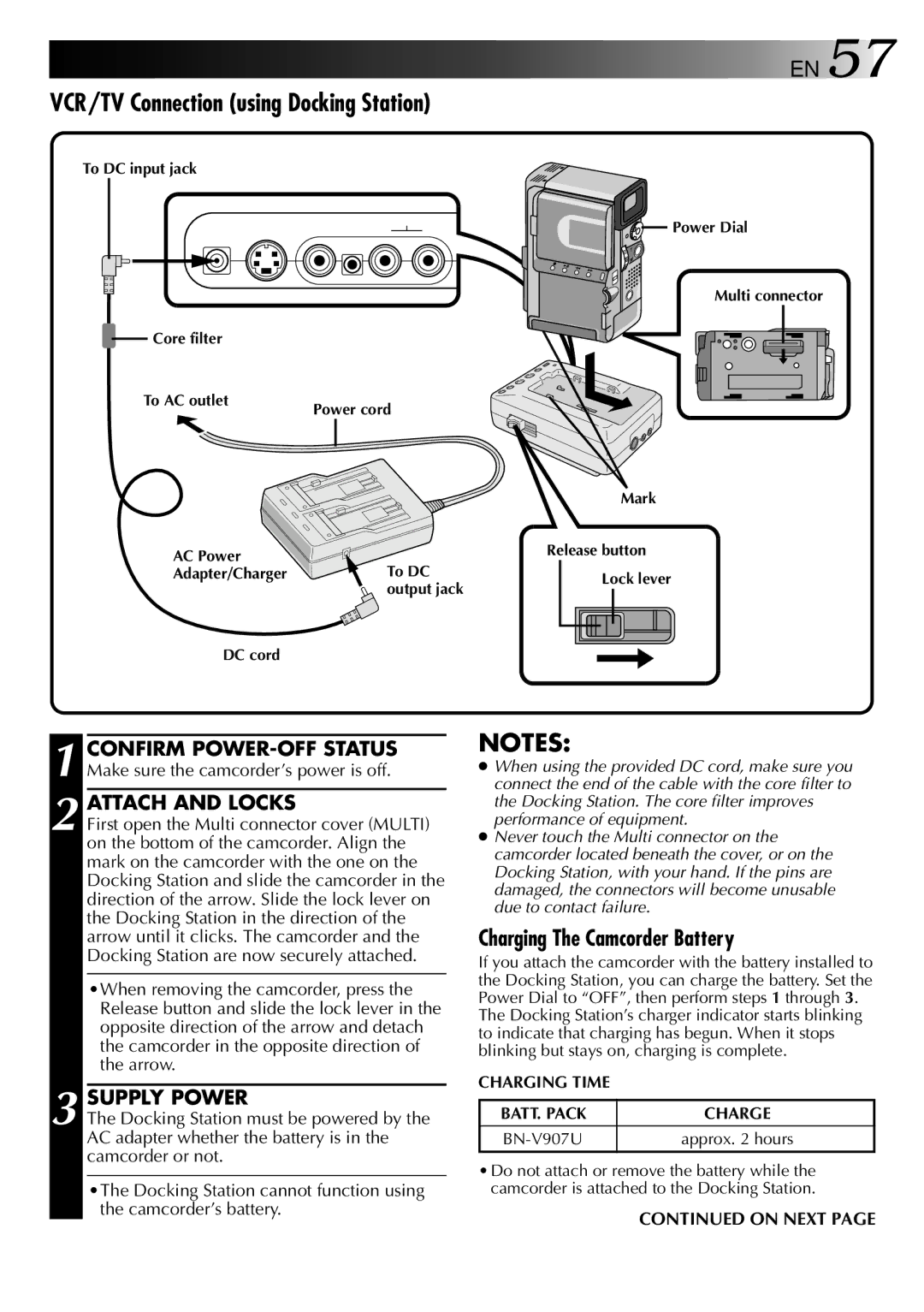 JVC GR-DVX PRO manual VCR/TV Connection using Docking Station, Confirm POWER-OFF Status, Attach and Locks 