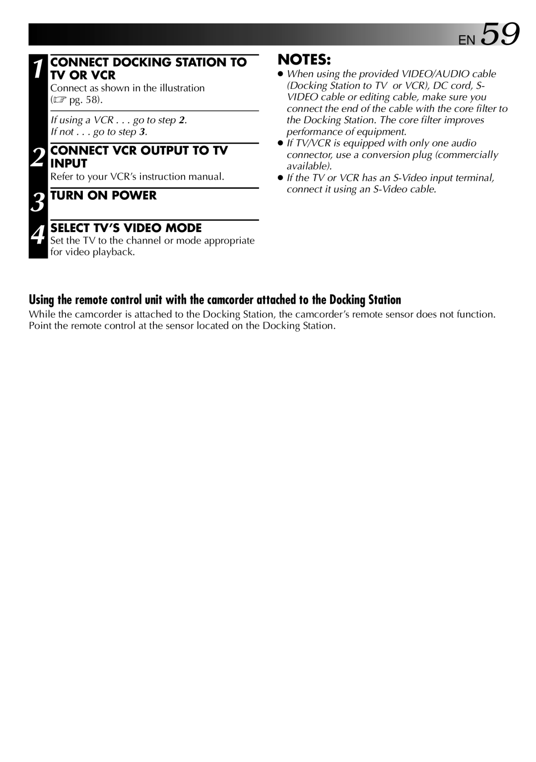 JVC GR-DVX PRO manual Connect Docking Station to TV or VCR, Connect as shown in the illustration pg 