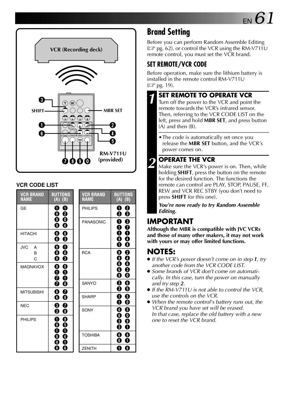 JVC GR-DVX PRO manual Brand Setting, Operate the VCR, RM-V711U 9 ` provided 