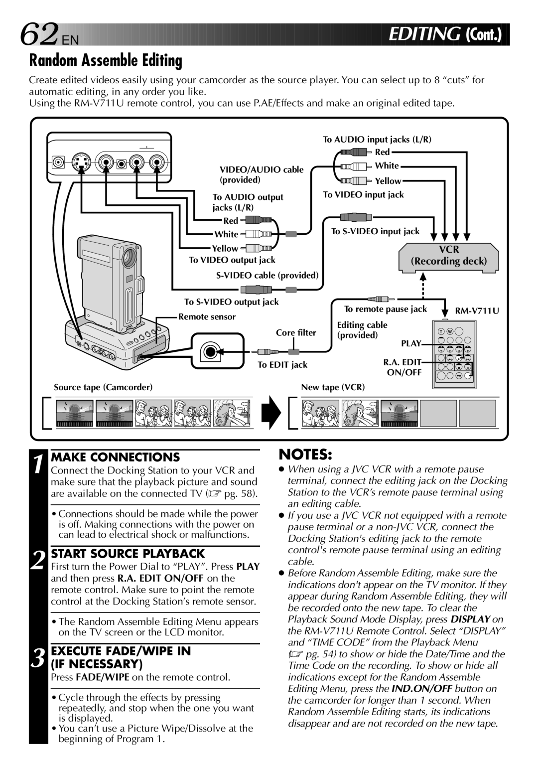 JVC GR-DVX PRO manual Random Assemble Editing, Start Source Playback, Execute FADE/WIPE in if Necessary 