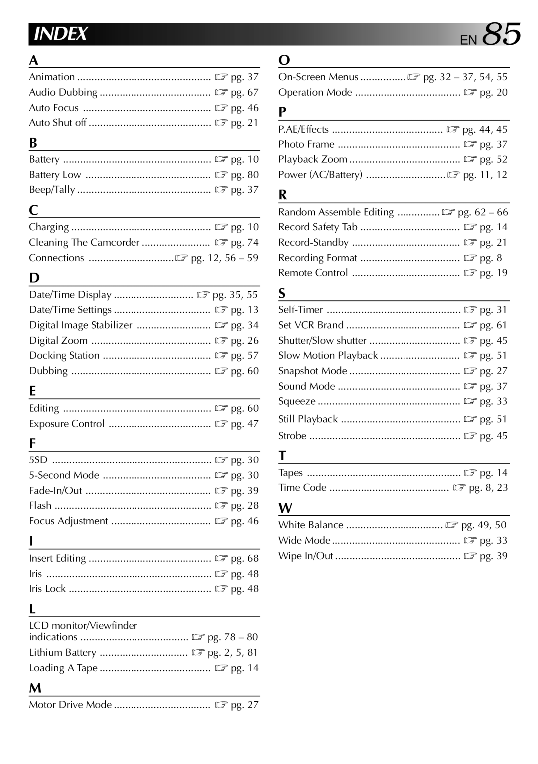 JVC GR-DVX PRO manual Animation Audio Dubbing, Pg , 56, Date/Time Display, Editing, Second Mode Fade-In/Out, Pg 37 