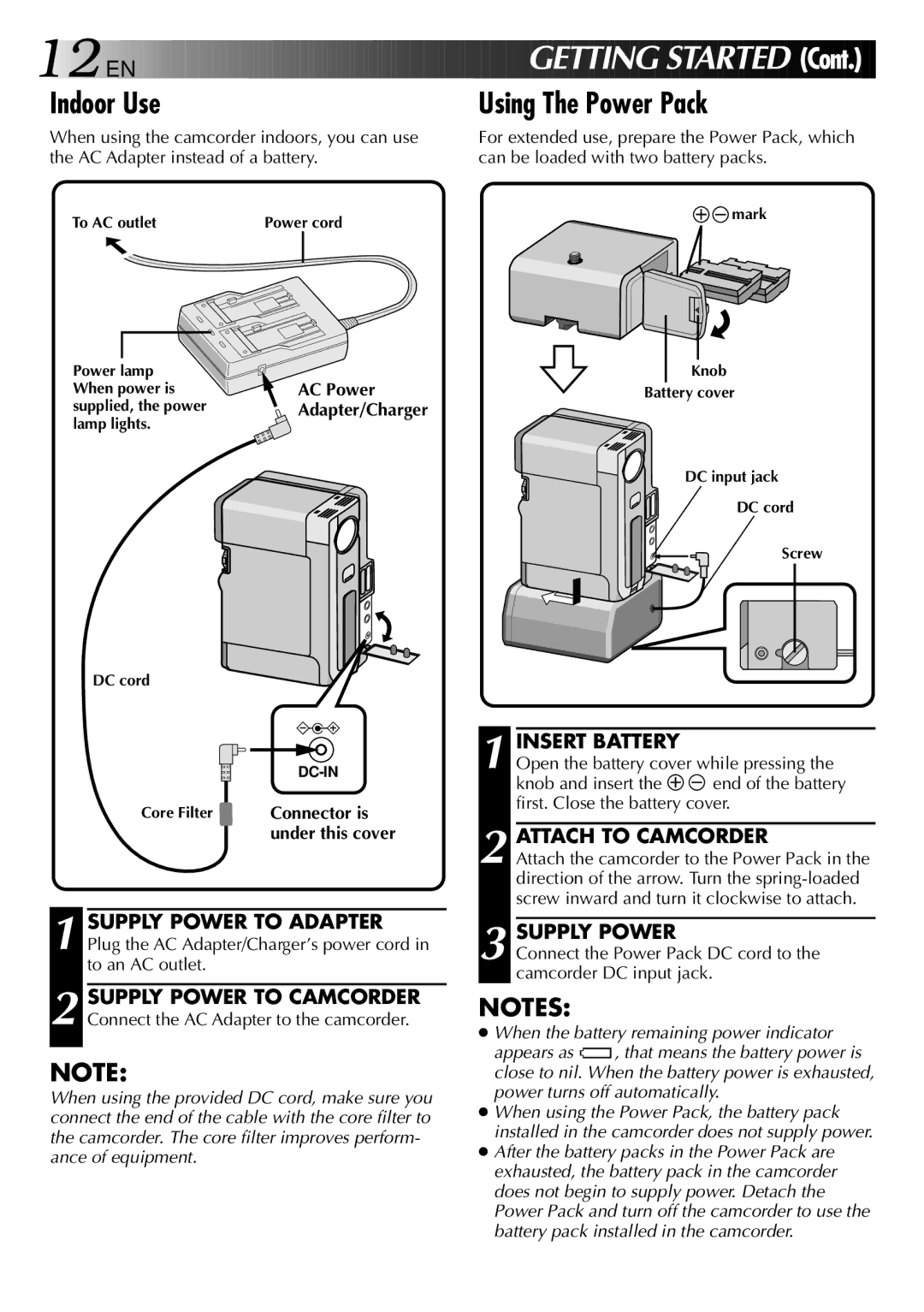 JVC GR-DVX manual Attach to Camcorder, Supply Power, Knob and insert, First. Close the battery cover 